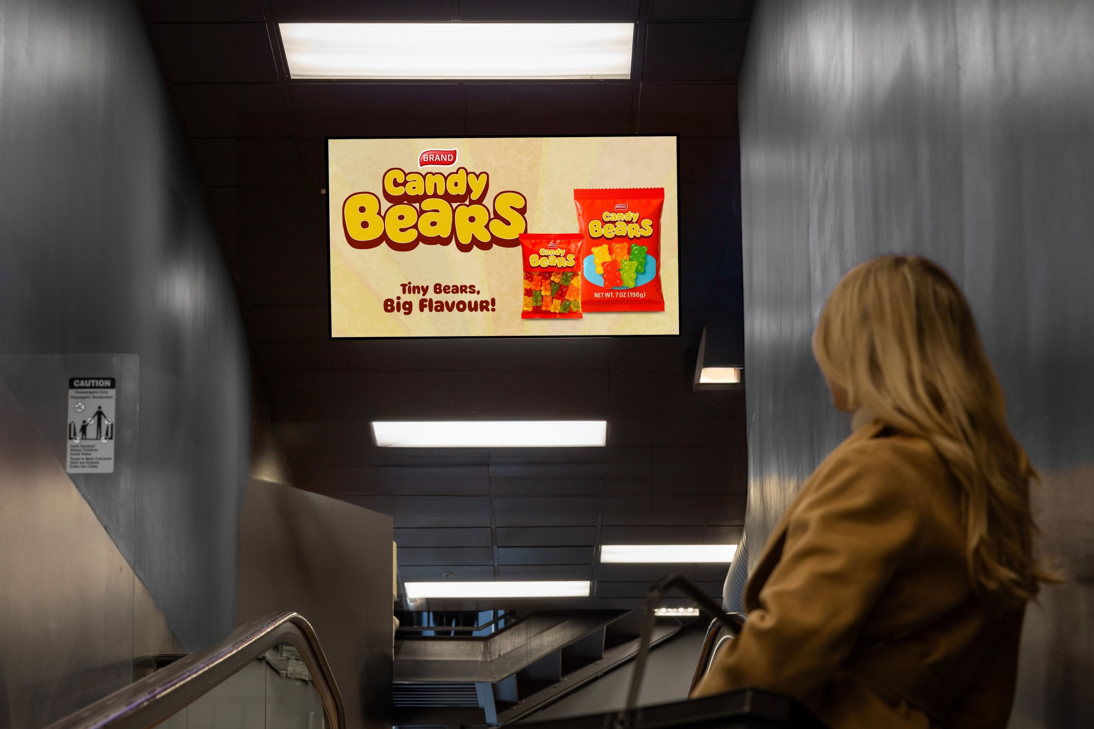 Woman in a grocery store viewing a retail media ad